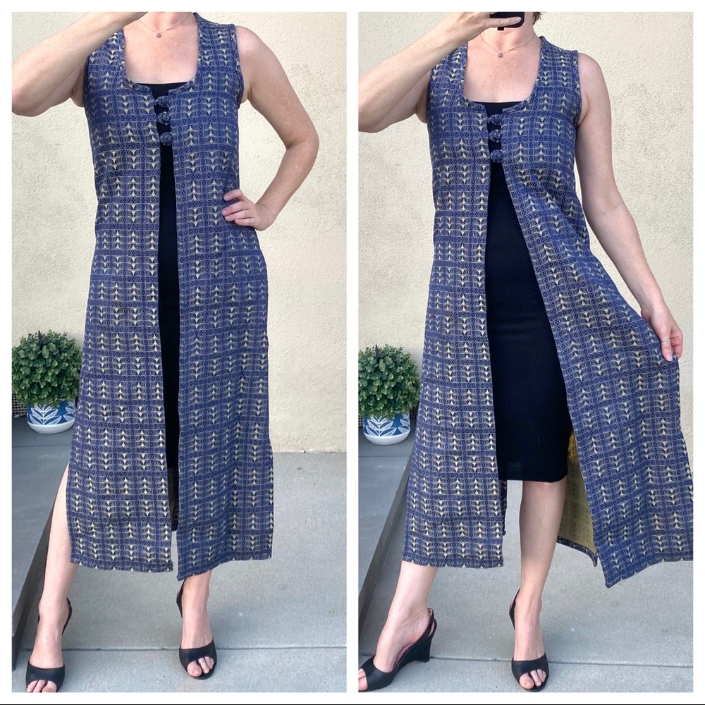 Vintage long vest Indian ethnic duster jacket sleeveless dress metallic maxi S